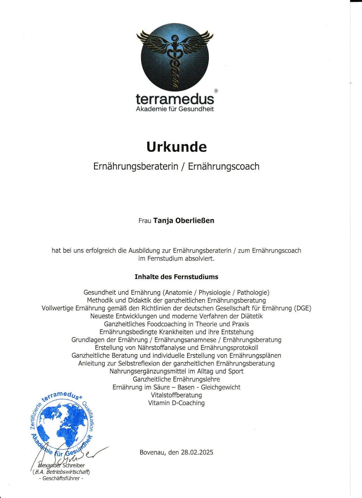 Zertifikat von Tanja Oberließen: Ernährungsberaterin / Ernährungscoach