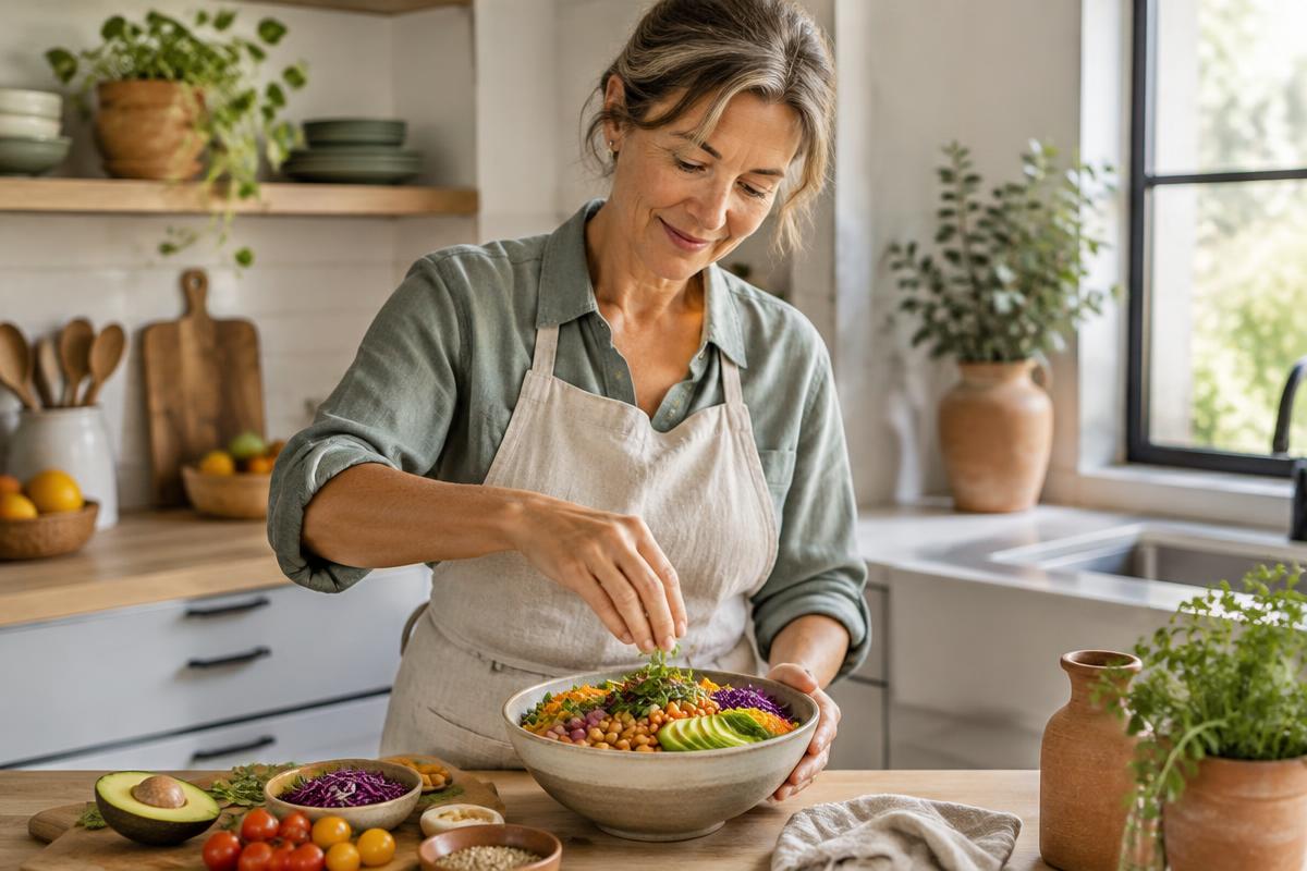 Eine Frau in einer hellen Küche richtet eine bunte Gemüse-Bowl an.