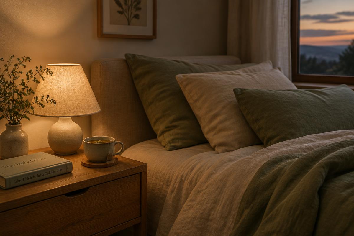 Ein Nachttisch mit warm leuchtender Lampe, einem Buch und einer Tasse Tee neben einem Bett mit Leinenbettwäsche.