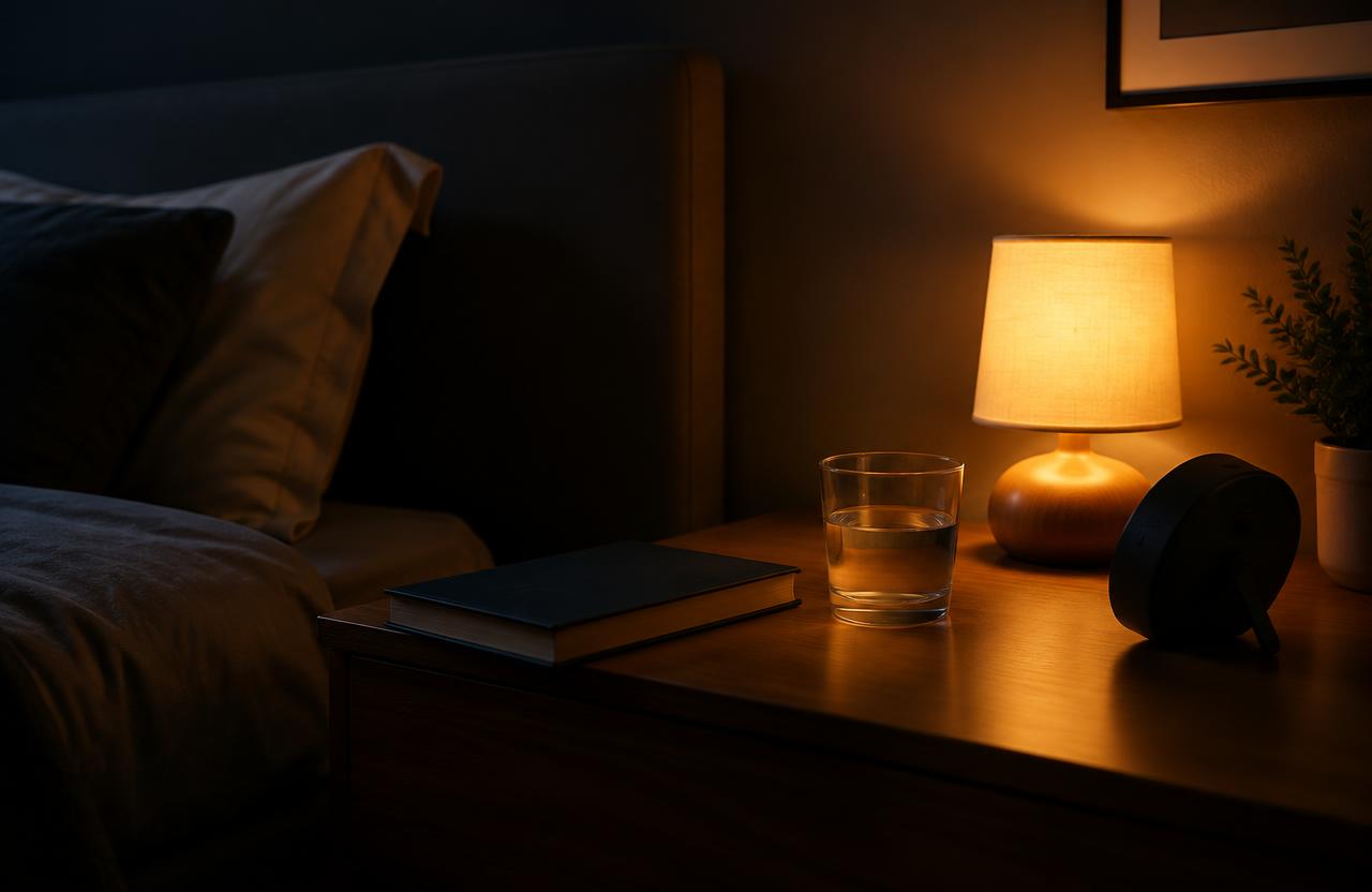 Nachttischlampe mit warmem Licht neben einem Buch – Symbolbild für nachts um 3 Uhr wach in den Wechseljahren