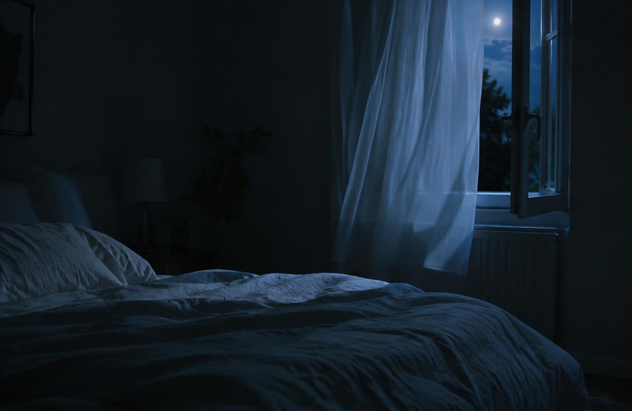 Ein ruhiges Schlafzimmer bei Nacht mit leicht geöffnetem Fenster und heller Leinenbettwäsche gegen Hitzewallungen nachts.