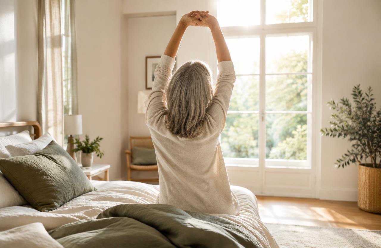 Eine Frau dehnt sich am Morgen neben dem Bett im Sonnenlicht gegen steife Gelenke in den Wechseljahren.