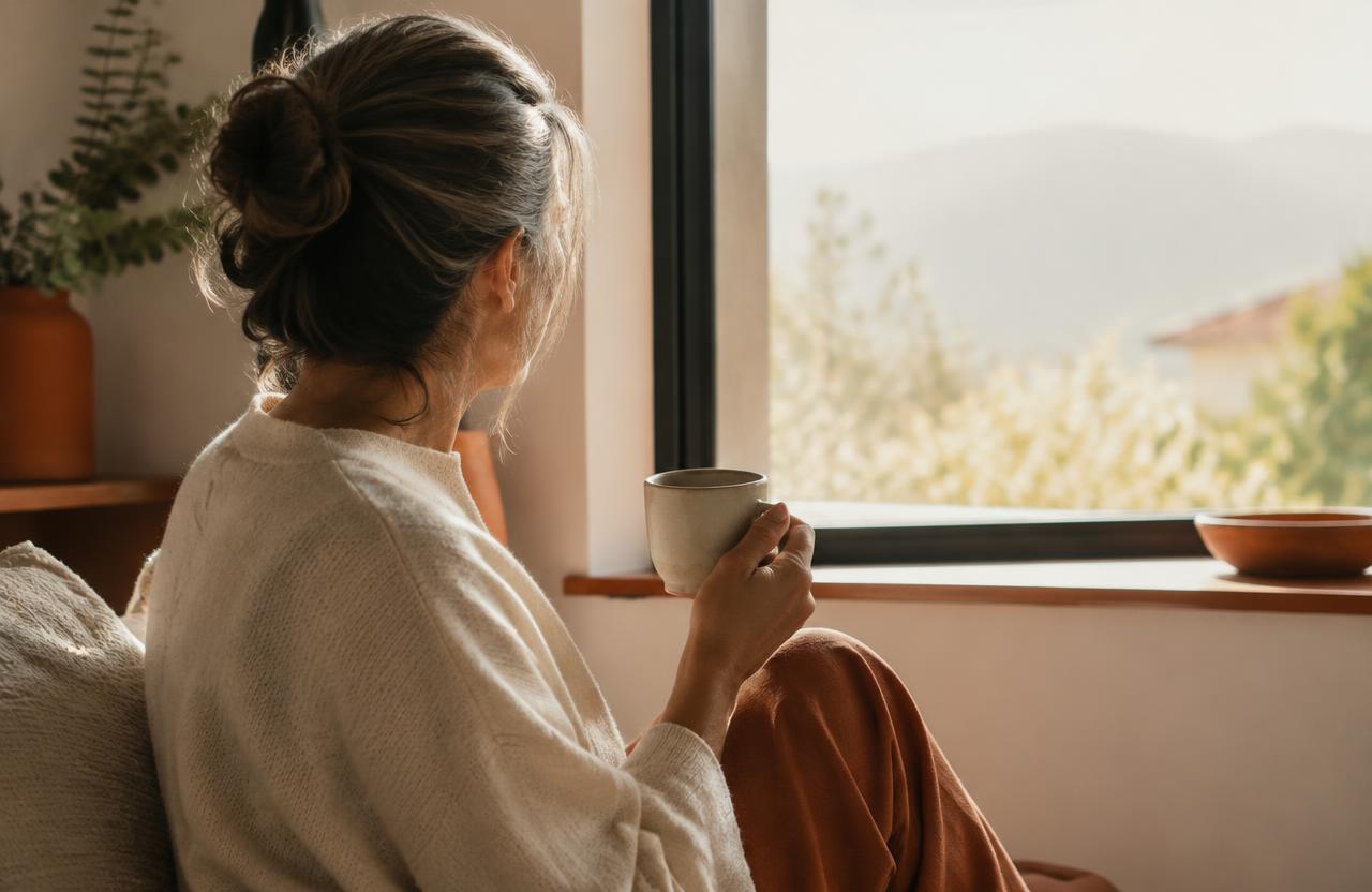 Frau Mitte 50 sitzt morgens müde trotz 8 Stunden Schlaf mit einer Tasse Kaffee am Fenster