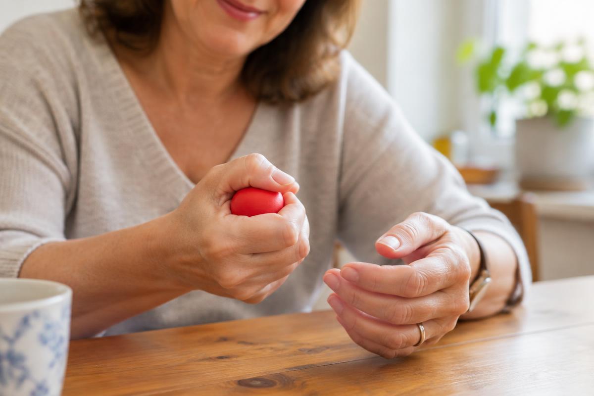 Zwei Hände machen eine sanfte Fingerübung mit einem weichen Ball gegen Gelenkschmerzen in den Fingern in den Wechseljahren.