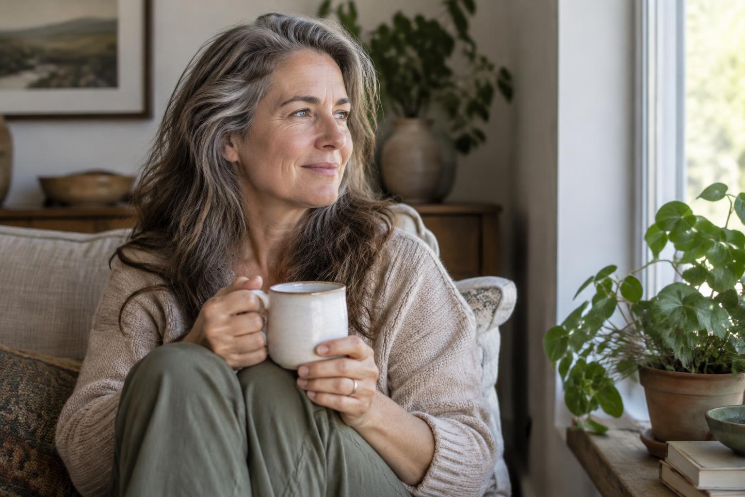 Eine Frau mit grau melierten Haaren sitzt mit einer Tasse Tee am Fenster und blickt entspannt hinaus.