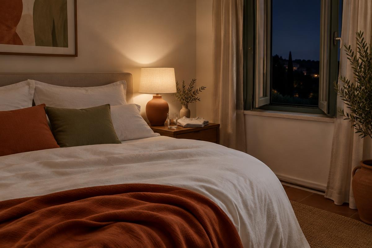 Ein ruhiges Schlafzimmer bei Nacht mit leicht geöffnetem Fenster und heller Leinenbettwäsche gegen Hitzewallungen nachts.