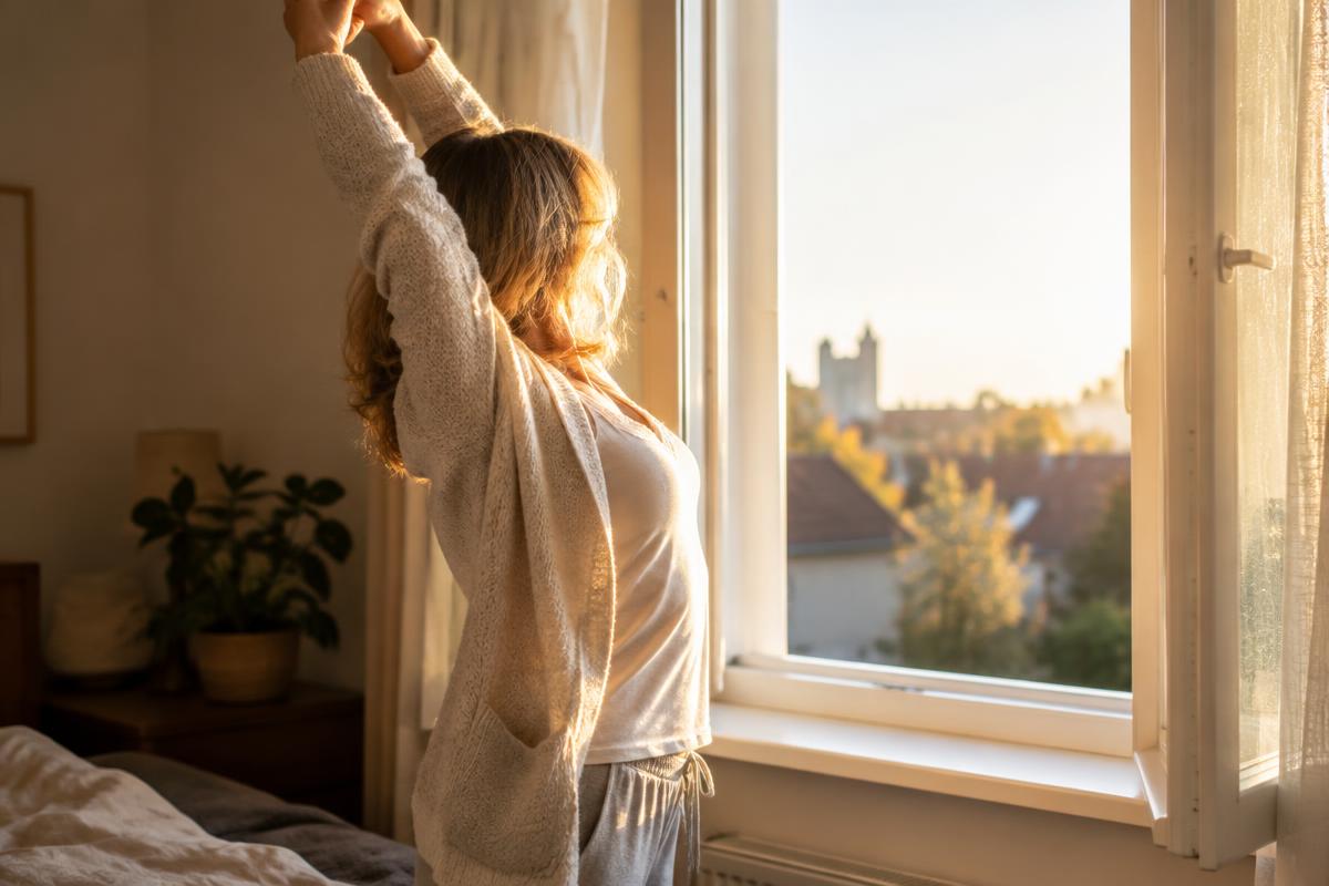 Frau Mitte 50 sitzt morgens müde trotz 8 Stunden Schlaf mit einer Tasse Kaffee am Fenster