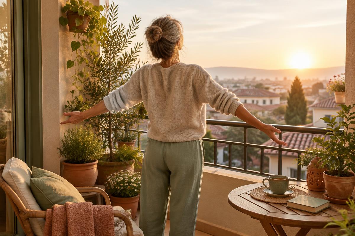Frau steht morgens auf dem Balkon mit Pflanzen und öffnet die Arme, daneben eine Tasse Tee