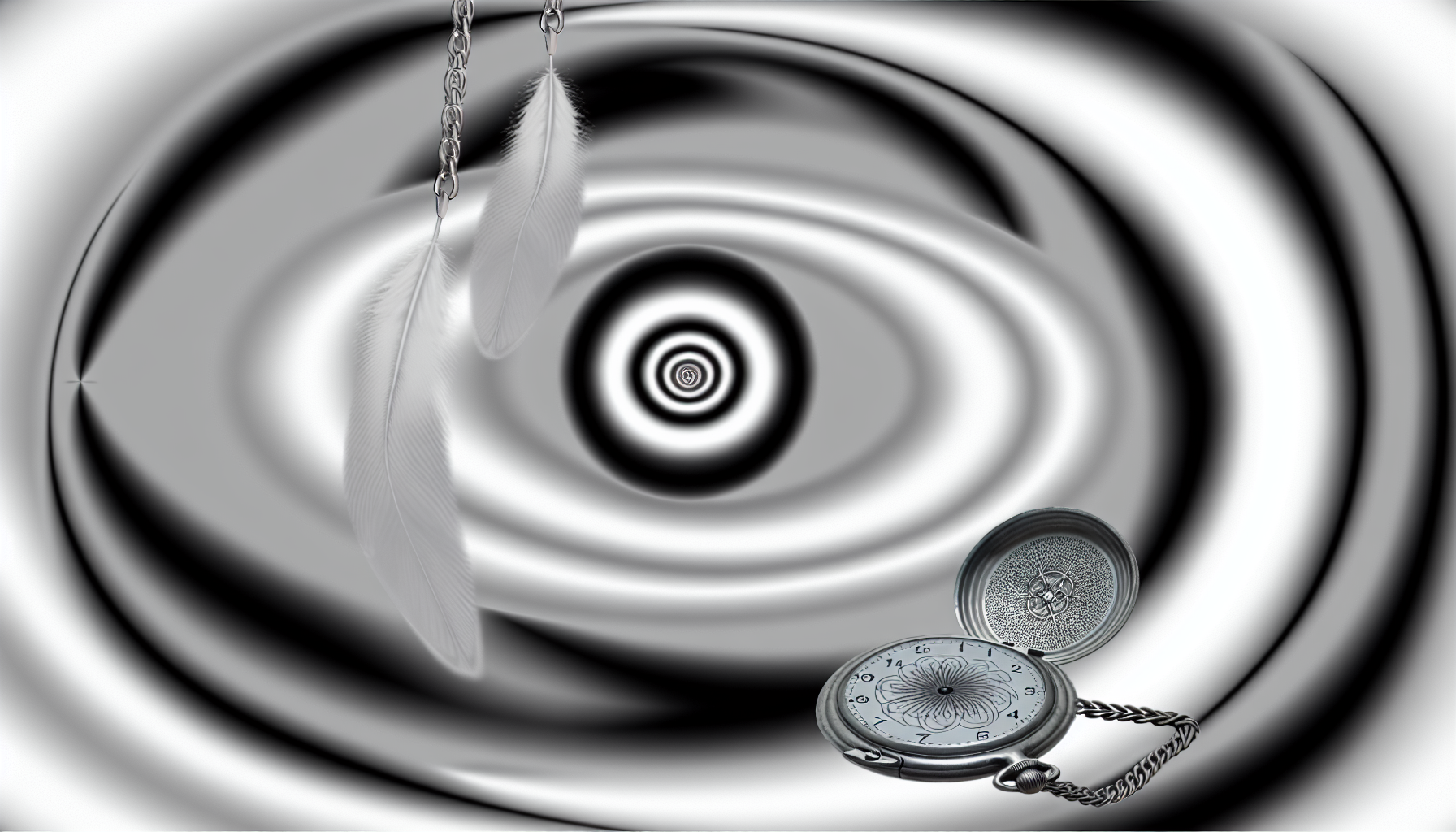 Illustrieren Sie ein abstraktes Konzept der Hypnose. Beginnen Sie mit einem schwarz-weiÃŸen Wirbel in der Mitte. Umgeben Sie den Wirbel mit elliptischen Spiegelbildern desselben Musters, die allmÃ¤hlich verblassen. Lassen Sie den umgebenden Raum in nebligem Grau erscheinen. Platzieren Sie eine offene silberne Taschenuhr vor dem Wirbel, mit einem gravierten Blumendesign auf dem GehÃ¤use und einer langen silbernen Kette, die von der Seite herabhÃ¤ngt. Eine einzelne weiÃŸe Feder fÃ¤llt langsam von oben in Richtung des Zentrums des Wirbels. Die gesamte Szene sollte ein GefÃ¼hl von Geheimnis und tranceÃ¤hnlichem Zustand vermitteln.