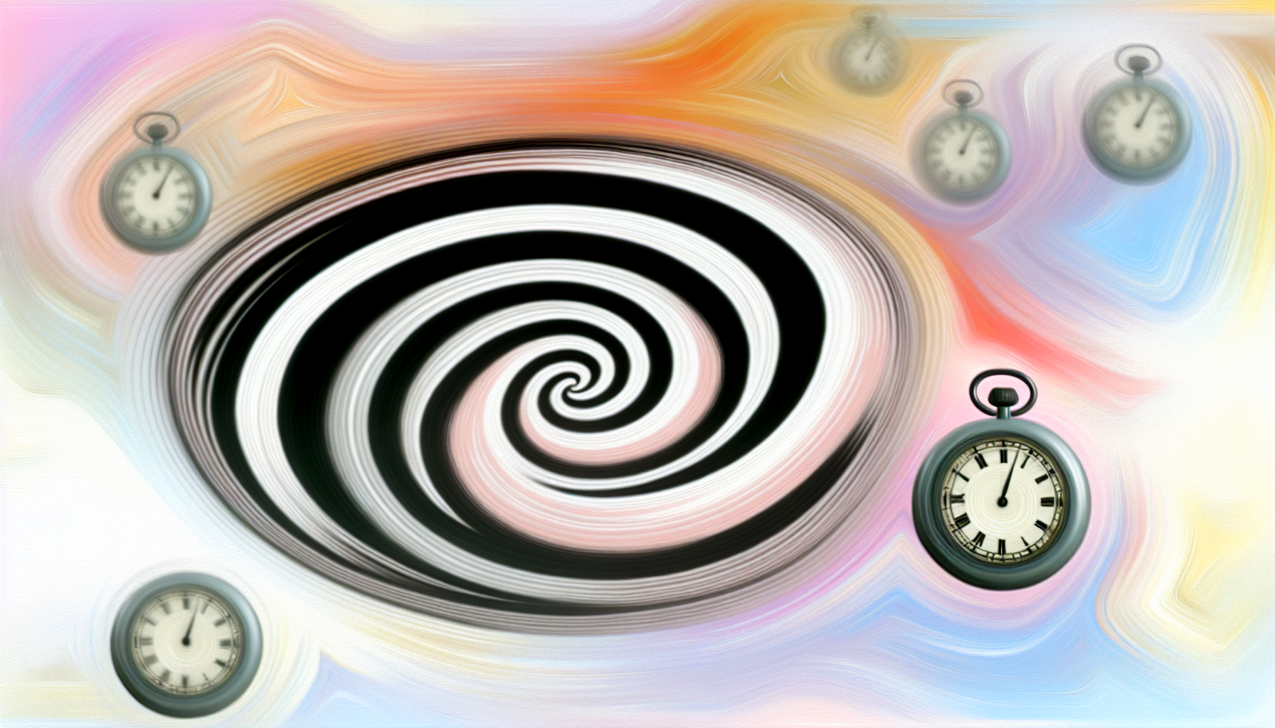 Hypnose bei Kindern: Grundlagen und Methoden Eine abstrakte künstlerische Darstellung von Hypnose. Bitte zeigen Sie eine rotierende Schwarz-Weiß-Spirale, die das traditionelle Symbol für Hypnose ist. Der Hintergrund sollte aus sanften, pastellfarbenen Tönen bestehen. Wirbelnde Muster sollten die Spirale umgeben und ein Gefühl von Bewegung erzeugen, während schwebende Taschenuhren, ein häufiges Symbol der traditionellen Hypnose, subtil um die Szene platziert sind.