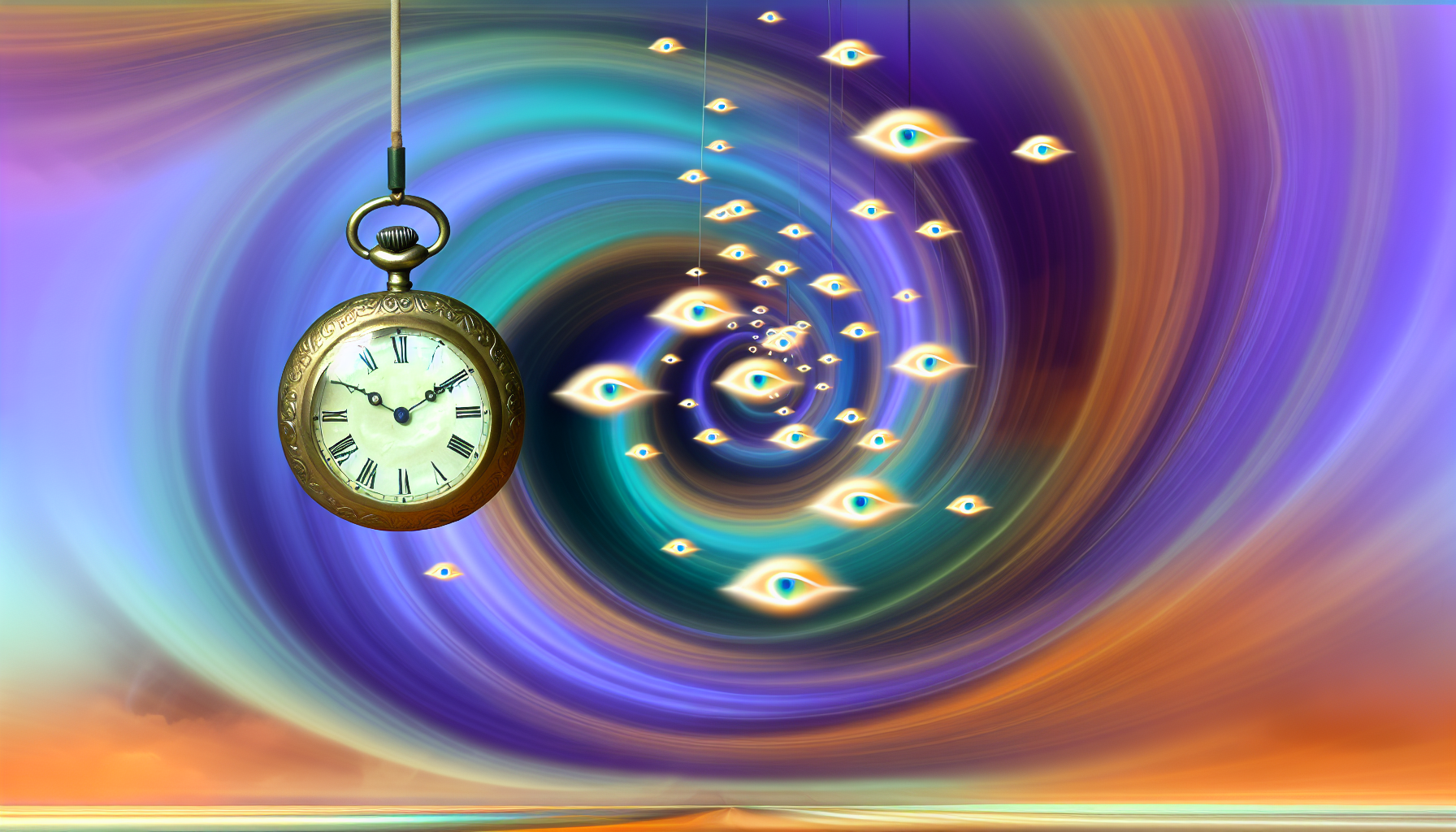Grundlagen der Hypnose und Meditation Stellen Sie sich eine surrealistische Szene vor, die Hypnose darstellt. In der Mitte schwingt eine große, antike Taschenuhr hin und her und erzeugt dabei faszinierende Muster in der Luft. Die Uhr ist aus Gold, stark verziert und hat ein Perlenzifferblatt. Der Hintergrund ist mit sanften, wirbelnden Farben gefüllt, die zwischen Lila, Türkis und Orange wechseln und das Unterbewusstsein symbolisieren. In der gesamten Szene sind kleine, schwach leuchtende Symbole von Augen zu sehen, die den Zustand der Hypnose signalisieren. Die gesamte Atmosphäre ist ruhig und traumhaft.