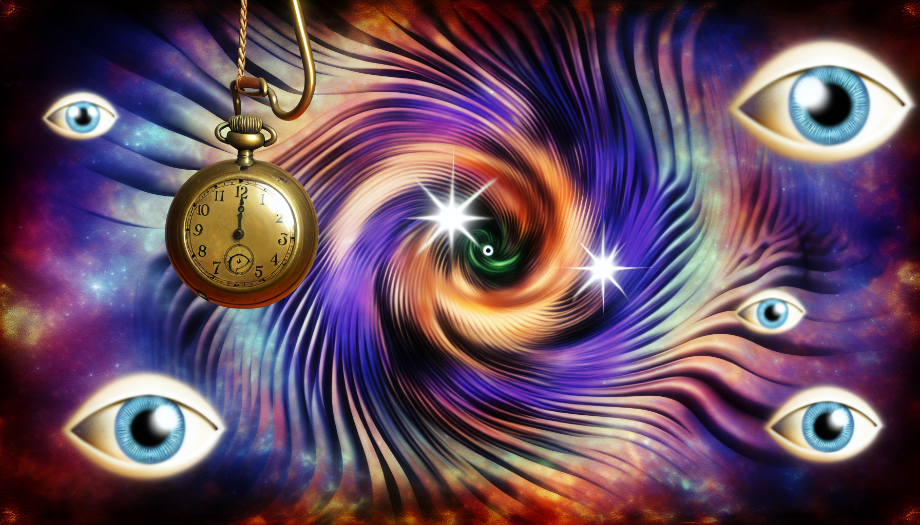 Hypnose bei Kindern: Grundlagen und Methoden Visualisiere ein Konzept der Hypnose. Dies umfasst eine abstrakte, mystische Umgebung mit surrealen Elementen. Eine vintage Messingtaschenuhr schwingt rhythmisch und wird häufig als Hypnosewerkzeug verwendet. Der Hintergrund zeigt wirbelnde Muster in kontrastierenden Farben, die ein Gefühl von Tiefe und Illusion vermitteln. Schwebende Augen fangen das Wesen des 'Fasziniertseins' ein. Die gesamte Szene strahlt ein verführerisches, geheimnisvolles und psychisches Gefühl aus. Integriere Sternenstrahlenmuster, um das 'Erwachen' des Unterbewusstseins zu symbolisieren. Lass eine dunkle, aber intensive Farbpalette in diesem Setting vorherrschen.
