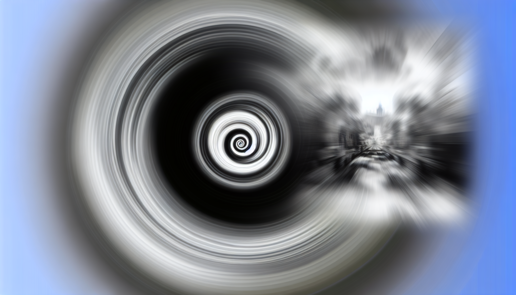 Grundlagen der Hypnose und Meditation Eine visuelle Darstellung von Hypnose. Das zentrale Element des Bildes ist ein wirbelndes, vortexähnliches Muster in Graustufen, das ein intensives Gefühl von Bewegung ausstrahlt. Dieses Muster erinnert an die Spirale, die häufig in Bildern im Zusammenhang mit dem hypnotischen Prozess verwendet wird. Nahe der Spirale erscheint eine traumhafte Landschaft oder Szene, die mit abstrakten und mysteriösen Elementen gefüllt ist und kontinuierlich scharf wird und wieder verschwimmt, was die fließende Natur des Unterbewusstseins widerspiegelt. Der Rest des Hintergrunds ist mit unheimlich ruhiger Dunkelheit gefüllt, was den hypnotischen Effekt des zentralen Bildes verstärkt.
