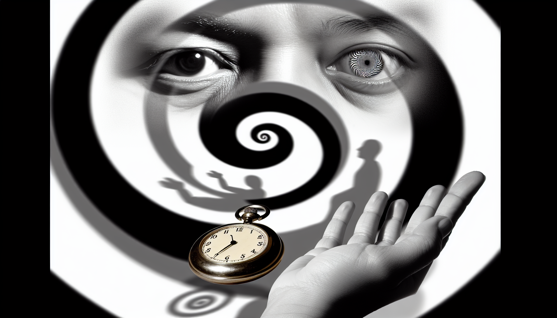 Hypnose bei Kindern: Grundlagen und Methoden Eine abstrakte Darstellung von Hypnose. Es würde eine Spirale geben, die emblematisch für den faszinierenden Effekt der Hypnose ist, und die in monochromen Schwarz- und Weißtönen wirbelt. Ein Paar menschlicher Augen, eines gehört einem südasiatischen Mann und das andere einer kaukasischen Frau, starrt in die Spirale. Beide Augen sollten ein Gefühl von Ruhe und Konzentration vermitteln. Darunter wird eine zarte Hand zu sehen sein, die einem hispanischen Mann gehört, der eine goldene Taschenuhr hin und her schwingt. Um diese Szene herum sind Schatten, die dem Bild eine verschwommene, traumähnliche Qualität verleihen, um das hypnotische Erlebnis weiter zu betonen.