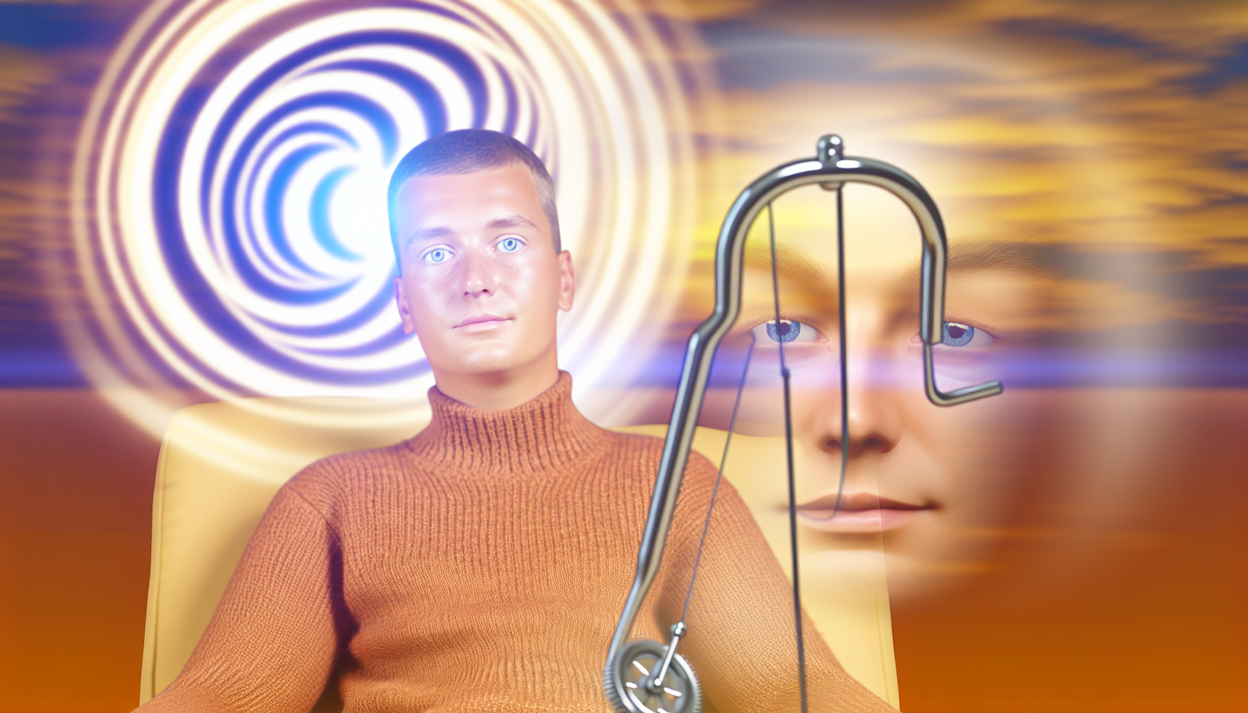 Hypnose bei Kindern: Grundlagen und Methoden Eine bildliche Darstellung einer Person, die Hypnose erlebt. Die Person sitzt bequem in einem warmen, sanft beleuchteten Raum. Vor ihnen schwingt ein rhythmischer mechanischer Pendel hin und her und erzeugt ein beruhigendes Muster. Ihre Augen zeigen einen Trancezustand, mit einem friedlichen Ausdruck auf ihrem Gesicht. Im Hintergrund sind spiralförmige Hypnosekreise subtil dargestellt, die die Aura tiefer Entspannung und Hingabe an das Unterbewusstsein verkörpern.
