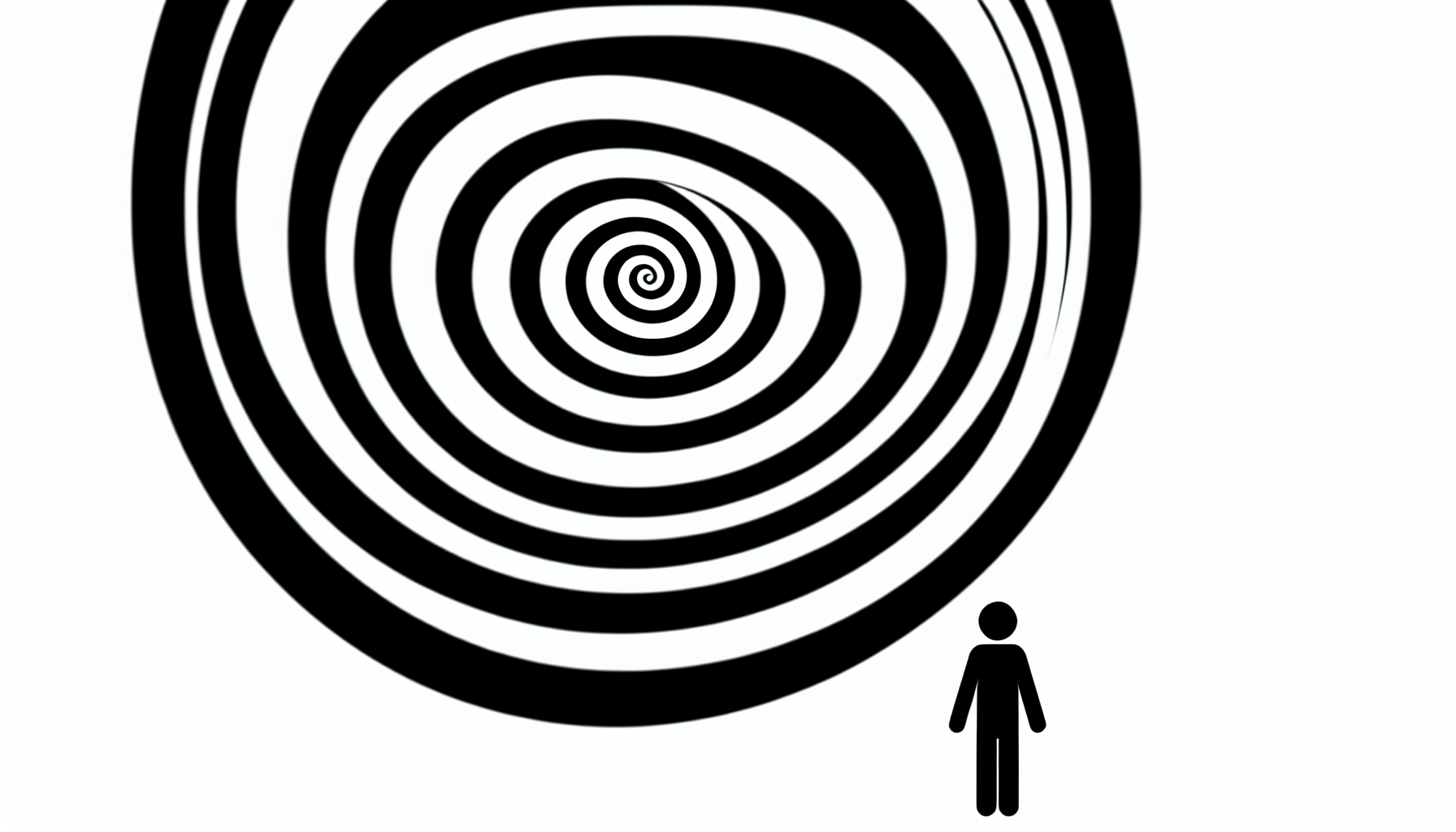 Grundlagen der Hypnose und Selbsthypnose Erstellen Sie ein Bild, das das Konzept der Hypnose visuell darstellt. Stellen Sie einen wirbelnden Strudel aus abwechselnden schwarzen und weißen Streifen dar, der sich allmählich in die Mitte des Bildes spiralt. Fügen Sie eine symbolische Darstellung eines menschlichen Subjekts hinzu, das als kleine Silhouette am äußeren Rand des Spirals dargestellt wird und scheinbar in die Mitte gezogen wird.