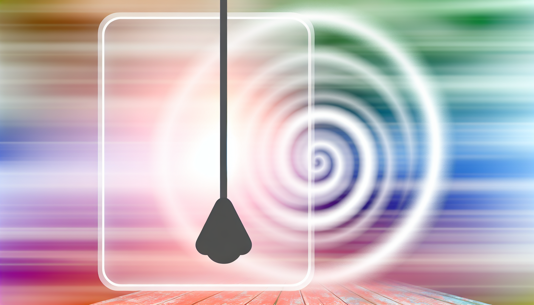 Grundlagen der Hypnose und Selbsthypnose Erstellen Sie ein Bild, das Hypnose symbolisiert. Stellen Sie ein typisches Pendel des Hypnotiseurs dar, umgeben von einem sanften Glühen, das eine faszinierende Kraft suggeriert. Im Hintergrund zeigen Sie ein spiralförmiges Muster, das häufig mit einem Trancezustand assoziiert wird. Erwägen Sie, gedämpfte, beruhigende Farben hinzuzufügen, um die sanfte und beruhigende Atmosphäre einzufangen, die typischerweise mit Hypnose verbunden ist.