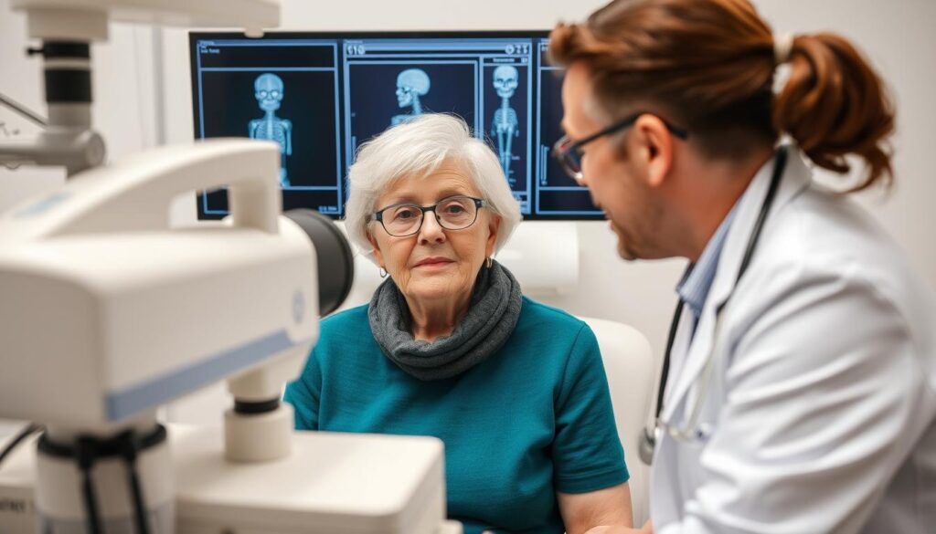Ältere Frau bei einer Knochendichtemessung zur Osteoporosevorsorge Ältere Frau bei einer Knochendichtemessung zur Osteoporosevorsorge