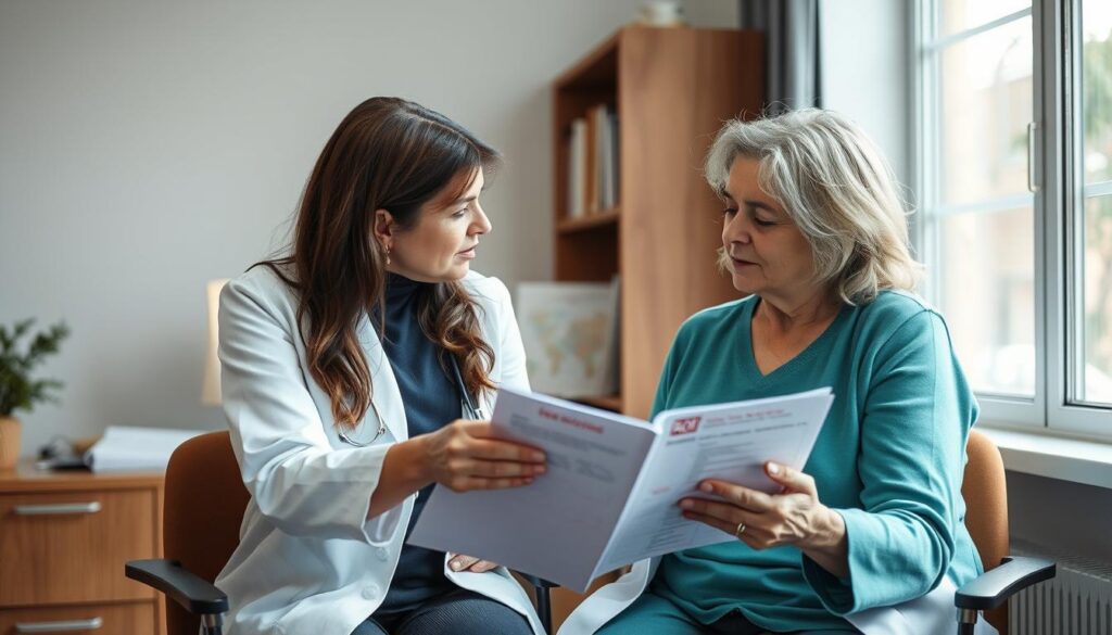 Ärztin im Gespräch mit Patientin über Symptome für Wechseljahre
