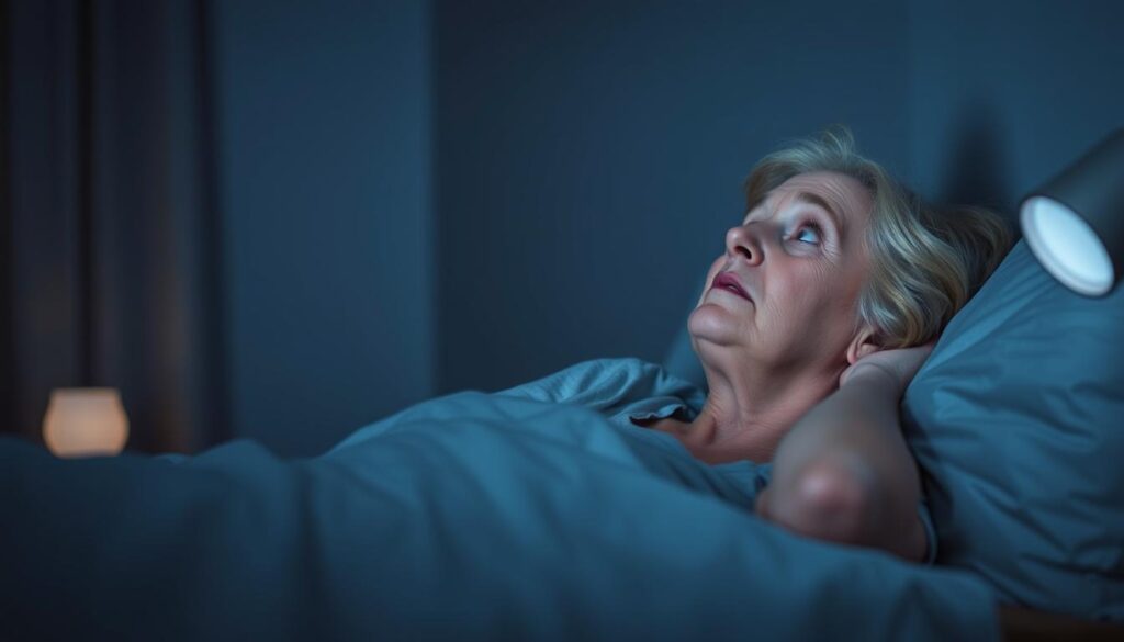 Frau mit Schlafstörungen als Symptom für Wechseljahre liegt wach im Bett