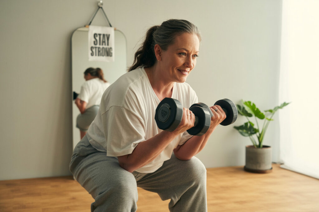 Frau mittleren Alters beim leichten Krafttraining