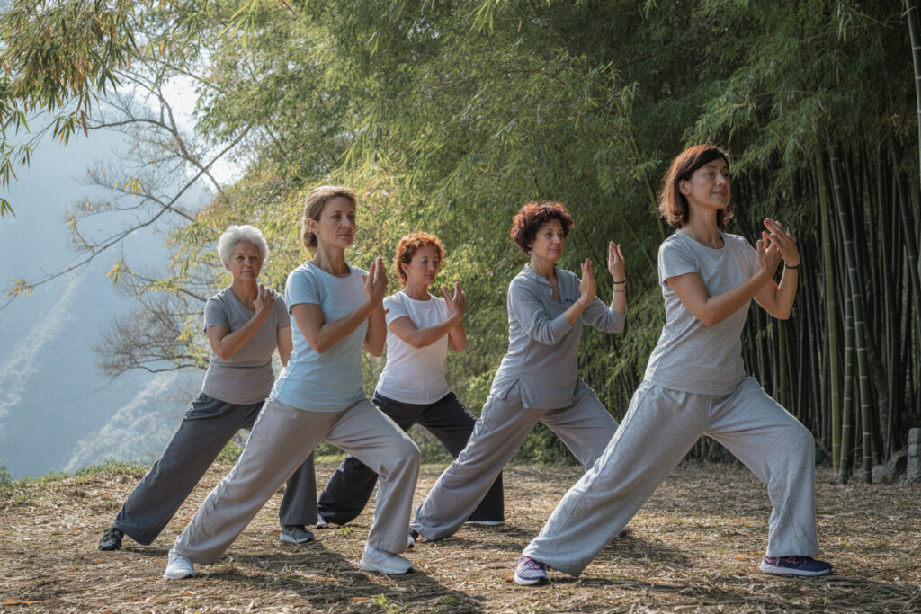 Gruppe von Frauen mittleren Alters beim Qi Gong 
