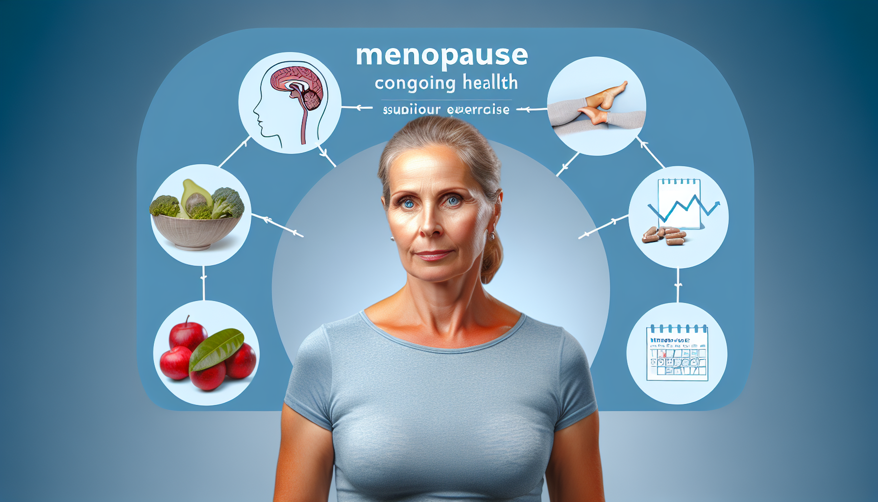 Einführung in die Wechseljahre: Symptome und Veränderungen Visuelle Darstellung des Konzepts von Gesundheit während der Menopause. Das Bild sollte eine mittelalte kaukasische Frau zeigen, die vital und aktiv aussieht. Um sie herum sollten Faktoren dargestellt werden, die zu guter Gesundheit beitragen, wie eine ausgewogene Ernährung, regelmäßige Bewegung, ausreichender Schlaf und emotionales Wohlbefinden. Außerdem sollten einige symbolische Bilder der Menopause enthalten sein, wie ein Kalender mit durchgestrichenen Datumsbereichen.