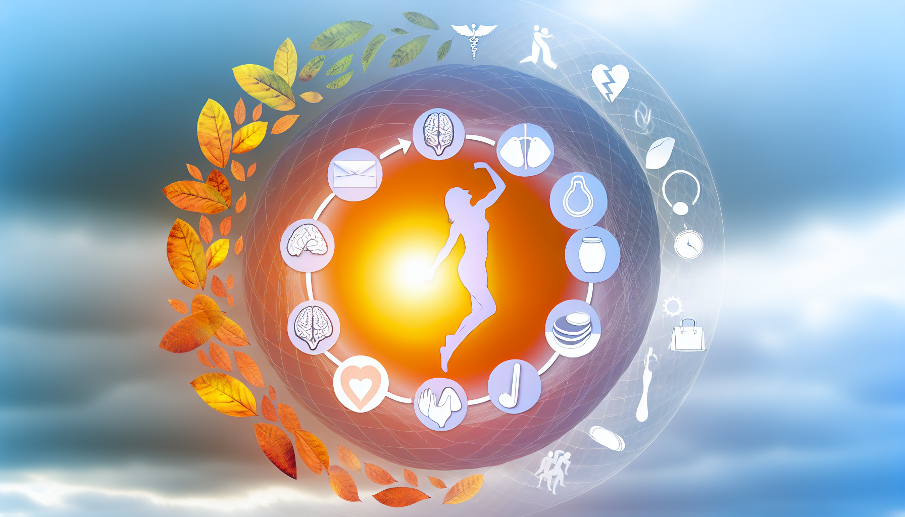Einführung in die Wechseljahre: Symptome und Veränderungen Eine konzeptionelle Darstellung des Zyklus der menschlichen Gesundheit und der Menopause. Dies kann verschiedene Symbole oder Metaphern umfassen, die Veränderung und den Lauf der Zeit signalisieren, wie fallende Blätter oder einen Sonnenuntergang, verwoben mit Darstellungen einer ausgewogenen Ernährung, Bewegung und anderen Aspekten der Aufrechterhaltung einer guten Gesundheit in dieser Phase.