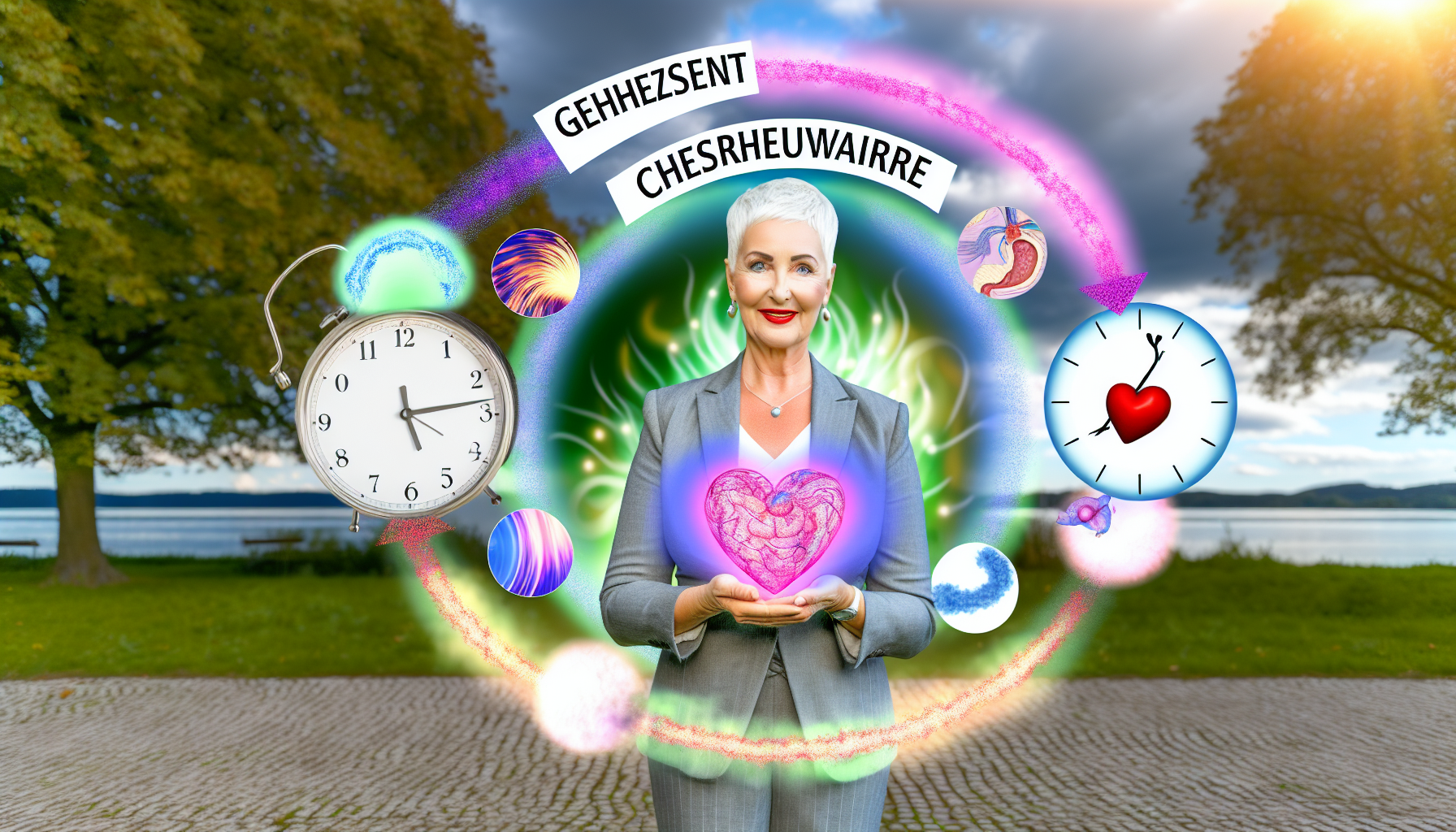 Wechseljahre: Herausforderungen und Chancen für Frauen Illustration des Konzepts 'Gesundheit Wechseljahre'. Diese könnte eine ältere, kaukasische Frau mit kurzem, silbernem Haar zeigen, die elegant gekleidet ist und ein leuchtendes Herz hält, das ihre Gesundheit symbolisiert. Um sie herum befinden sich abstrakte Darstellungen von Menopause-Symbolen, wie eine Uhr, die den Zeitverlauf anzeigt, sowie eine Vielzahl von bunten, magischen Wellen, die Schwankungen in Hormonen und Temperatur symbolisieren. Der Hintergrund ist eine friedliche, natürliche Umgebung, in der Selbstfürsorge-Aktivitäten wie Sport und gesunde Ernährung ein kreisförmiges Schutzfeld um sie herum bilden. Dies verstärkt den Glanz und die Vitalität der Frau und symbolisiert, dass sie die Herausforderungen überwunden hat.