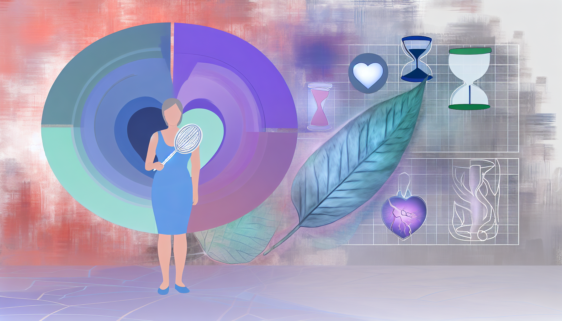 Wechseljahre: Herausforderungen und Chancen für Frauen Ein konzeptionelles Bild, das die Schnittstelle von Gesundheit und Menopause beschreibt. Die Szene könnte eine Frau in ihren 50ern, kaukasischer Abstammung, im Vordergrund zeigen, die einen Fächer hält, was auf Hitzewallungen hinweist. Im Hintergrund könnten verschiedene Gesundheitssymbole zu sehen sein, wie ein Herz für die Herzgesundheit, eine Sanduhr für den vergehenden Zeit oder vielleicht ein Blatt, das natürliche Veränderungen und das Altern repräsentiert. Die dominierenden Farben sollten beruhigend und indikativ für einen friedlichen Übergang sein, mit einer guten Balance aus kühlen Blautönen, sanften Violetttönen und warmen Nuancen. Der Stil sollte etwas abstrakt sein, aber dennoch in der Realität verwurzelt bleiben.