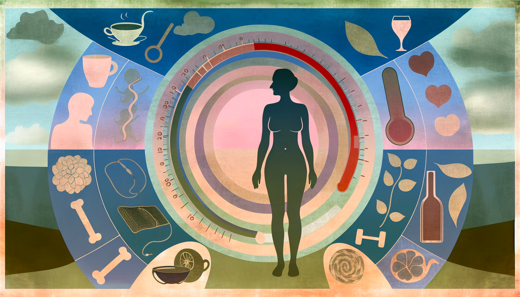 Wechseljahre: Symptome, Veränderungen und Bewältigung Eine konzeptionelle Illustration, die die Idee von 'Gesundheit während der Menopause' darstellt. Eine Silhouette einer mittelalten Frau steht im Zentrum, umgeben von einer Mischung aus symbolischen Elementen, die sowohl die Menopause als auch die Gesundheit repräsentieren. Dazu könnten Bilder wie ein schwankendes Thermometer, beruhigende Teetassen, Sportgeräte und nahrhafte Lebensmittel gehören. Die verwendeten Farben sollten sanft, beruhigend und harmonisch sein, mit einem Stil, der an die Gravuren der Renaissancezeit erinnert.
