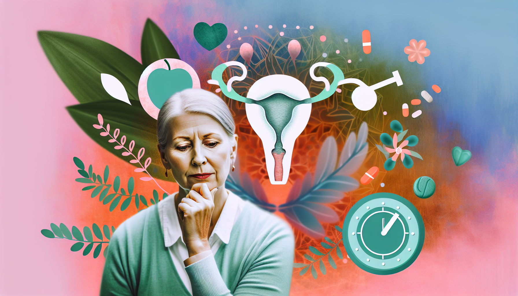 Einführung in die Wechseljahre: Symptome und Veränderungen Eine künstlerische Interpretation der Gesundheit während der Menopause, die eine mittelalte kaukasische Frau in der Mitte darstellt, umgeben von Symbolen, die Gesundheit repräsentieren, wie einem Apfel, einer Hantel und einem Herzsymbol. Sie presst die Lippen zusammen, während sie eine Illustration des weiblichen Fortpflanzungssystems betrachtet. Der Hintergrund zeigt beruhigende Farben, die mit einer ruhigen, unterstützenden Umgebung harmonieren. In ihrer anderen Hand hält sie eine Uhr, die den Verlauf der Zeit und die Menopause anzeigt. Außerdem sind eine Vielzahl von Kräutern und Vitaminen abgebildet, die natürliche Heilmittel symbolisieren, die häufig mit einer positiven Gesundheit während der Menopause in Verbindung gebracht werden.