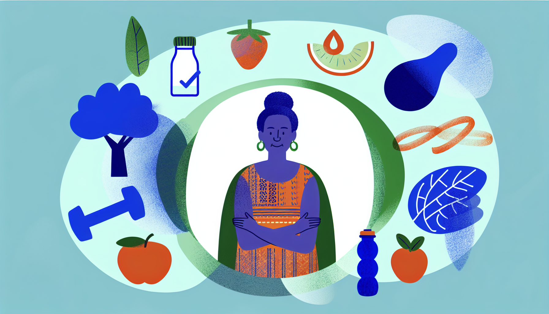 Wechseljahre: Herausforderungen und Chancen für Frauen Eine Illustration, die das Konzept „Gesundheit während der Menopause“ symbolisiert. Darstellen soll sie eine mittelalte Frau afrikanischer Abstammung, die Stärke und Gelassenheit verkörpert. Um sie herum sollten Elemente dargestellt werden, die mit Gesundheit und Wohlbefinden in Verbindung stehen, wie Früchte, Gemüse, Wasser und Sportgeräte. Die Szene sollte eine positive und hoffnungsvolle Perspektive auf die Übergangsphase der Menopause vermitteln.