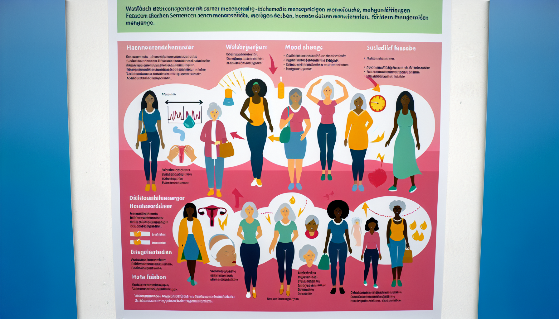 Wechseljahre: Symptome, Veränderungen und Bewältigung Ein informatives und lehrreiches Plakat, das das Konzept der Menopause, auch bekannt als 'Wechseljahre', veranschaulicht. Das Plakat sollte Darstellungen von häufigen Symptomen enthalten, die Frauen in dieser Lebensphase erleben, wie Veränderungen im Menstruationszyklus, Stimmungsschwankungen und Hitzewallungen. Es sollte auch Möglichkeiten zeigen, diese Symptome zu bewältigen, wie gesunde Lebensgewohnheiten, regelmäßige Bewegung und ausgewogene Ernährung. Im unteren Teil des Plakats sollte eine Gruppe von vielfältigen Frauen aus verschiedenen ethnischen Hintergründen (Hispanisch, Kaukasisch, Schwarz, Nahöstlich und Südasisch) abgebildet sein, die sich gegenseitig unterstützen und Einheit sowie Stärke im Umgang mit der Menopause symbolisieren.